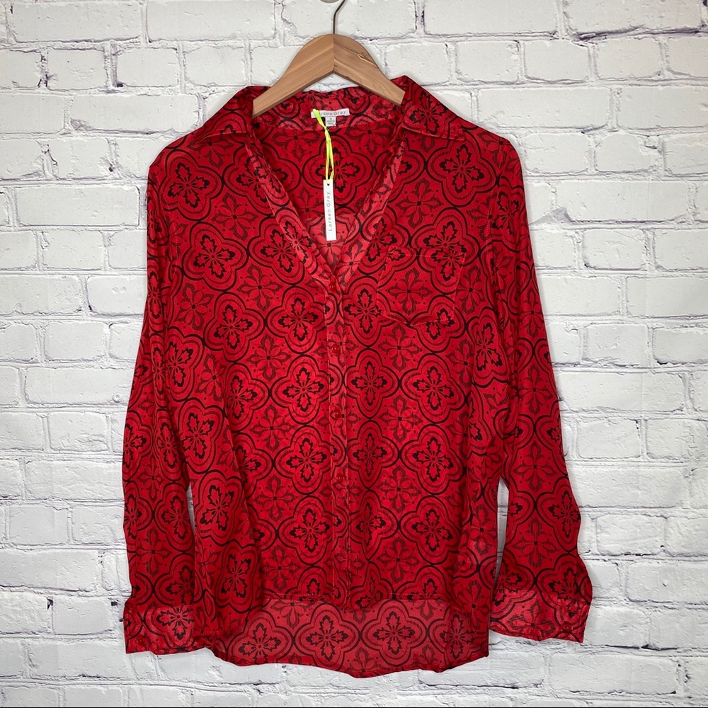 Revolve Larsen Gray Damask Print One Pocket Blouse